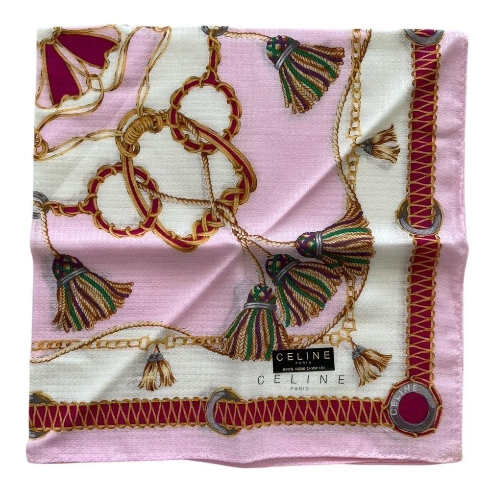 Authentic Celine Vintage Pink and Gold Patterned Silk Handkerchief